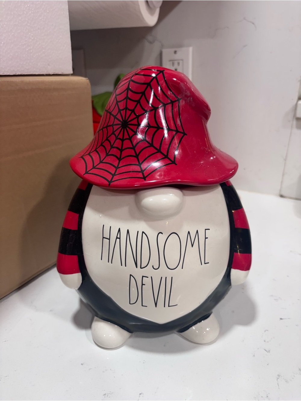 Handsome Devil Ceramic Gnome Cookie Jar with Red Spider Hat